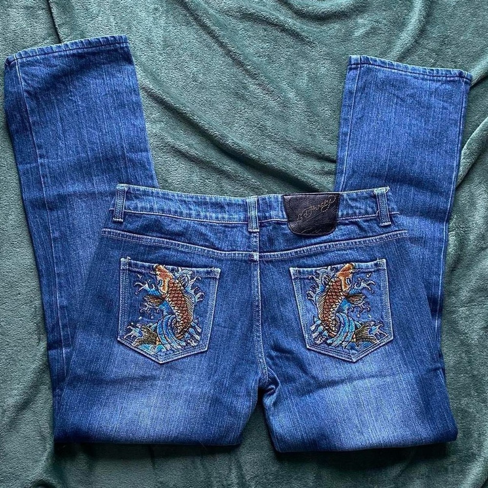 VINTAGE Ed Hardy Embroidered Koi Fish Low Rise Boot Cut Blue Jeans